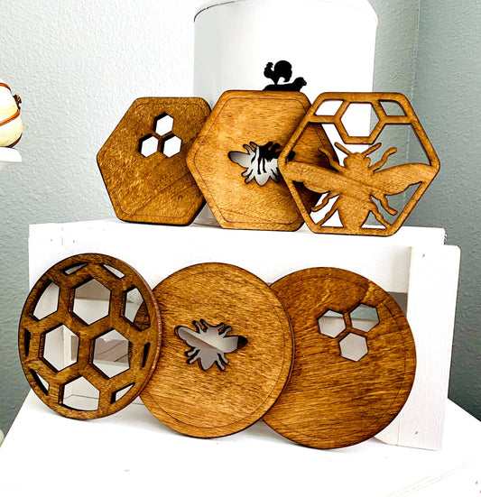 Set Of 6 Handmade Walnut Stained Bee Inspired Coasters (BC)